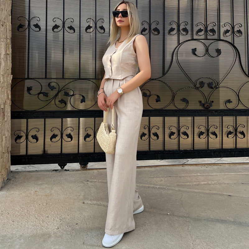Women's Solid Color Sleeveless Vest V-Neck Short Summer Jacket And Trousers Two-Piece Set