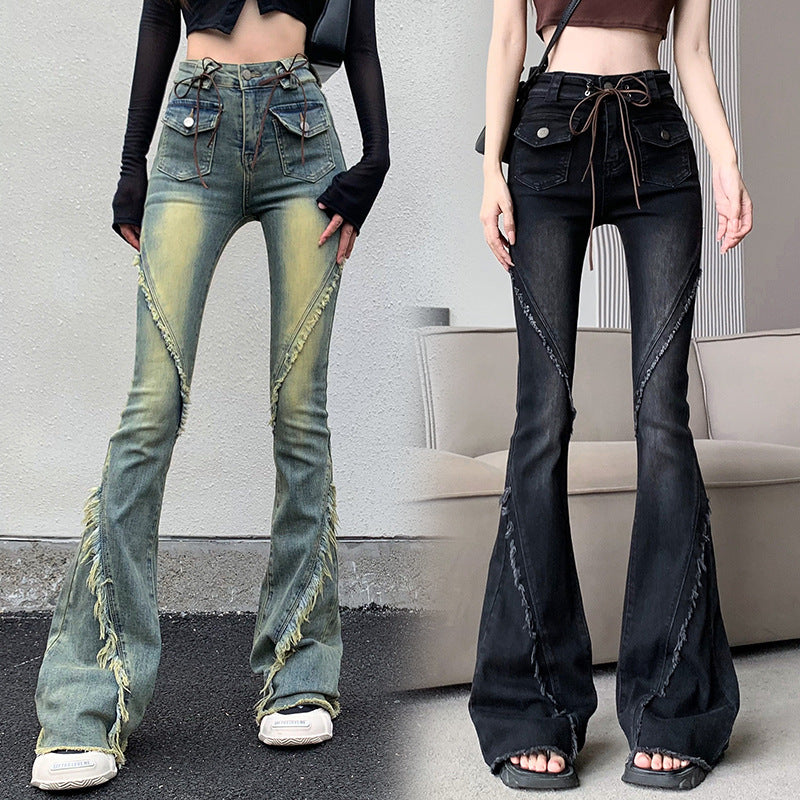 Real Shot Retro Furred Lace Strap Micro Cropped Denim Pants Female New Spice Girl High-Waisted Stretch Flared Pants