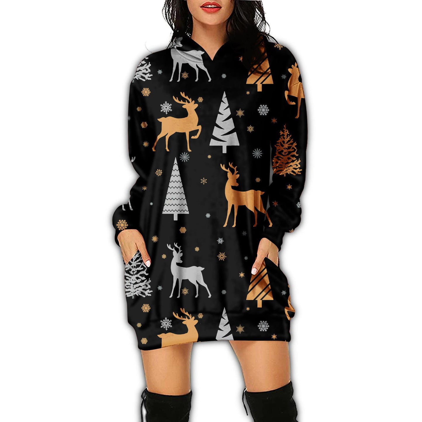Autumn Women's Print Casual Long-Sleeved Hoodie Dress Christmas Holiday Party Dress