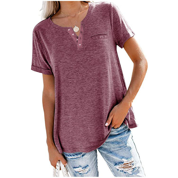 Spring And Summer New Top V-Neck Short Sleeve Pocket Loose T-Shirt Woman