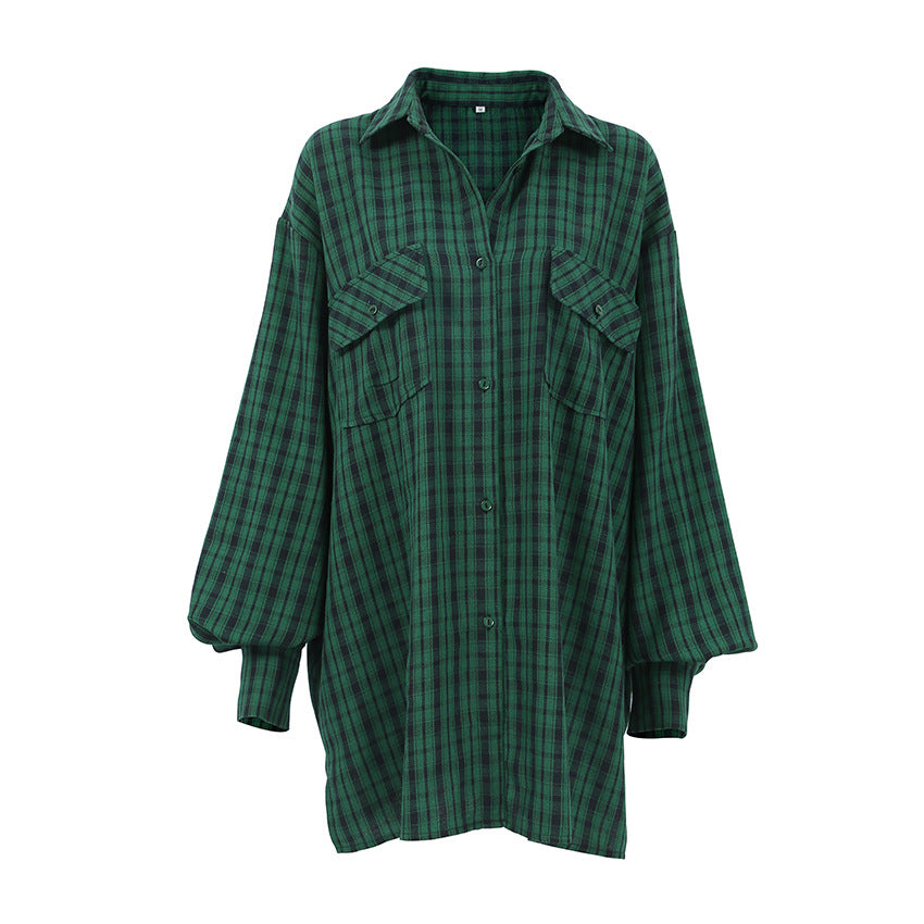 Women's Retro American Plaid Shirt Green Boyfriend Wind Long Loose Oversize Shirt