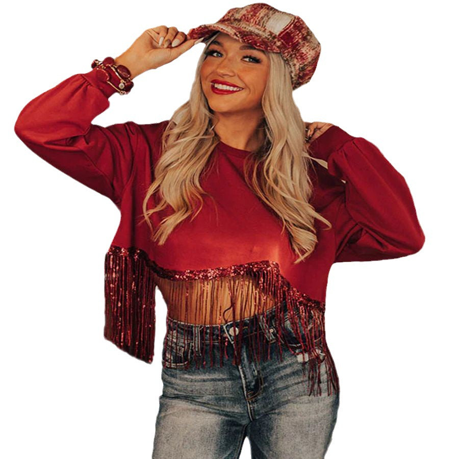 New Women's Autumn Winter Christmas Round Neck Long Sleeve Fringe Solid Color Pullover Hoodie