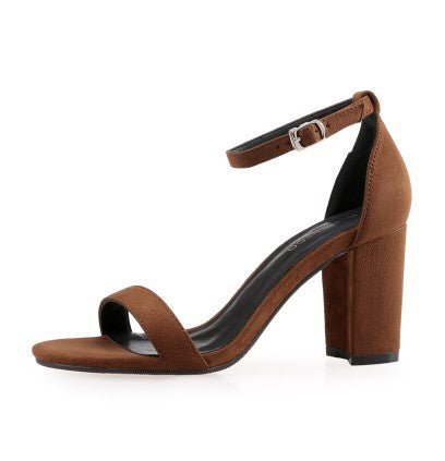 A Line Buckle High Heel Sandals Thick With Female Summer Dewtoe Black Suede Size 33 to 43