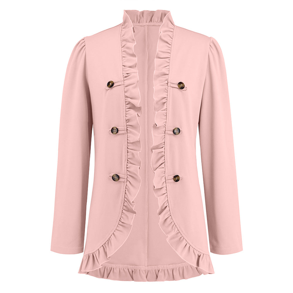 Women's Ruffled Cardigan Button Small Coat Autumn And Winter New Long-Sleeved Short Small Suit