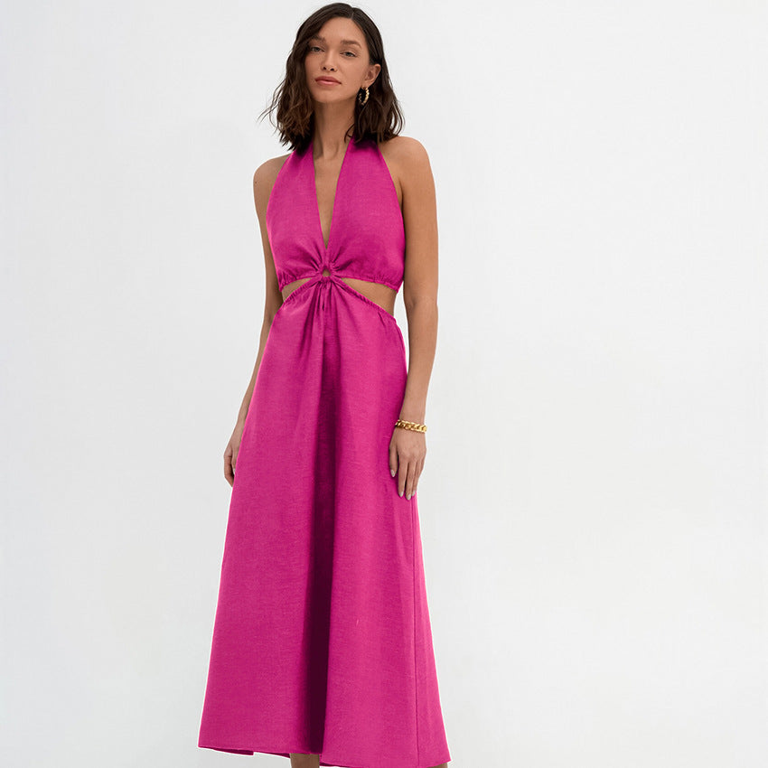 New Cotton Hemp Brown Halter Halter Dress Summer Fashion Women's Dress Long Dress