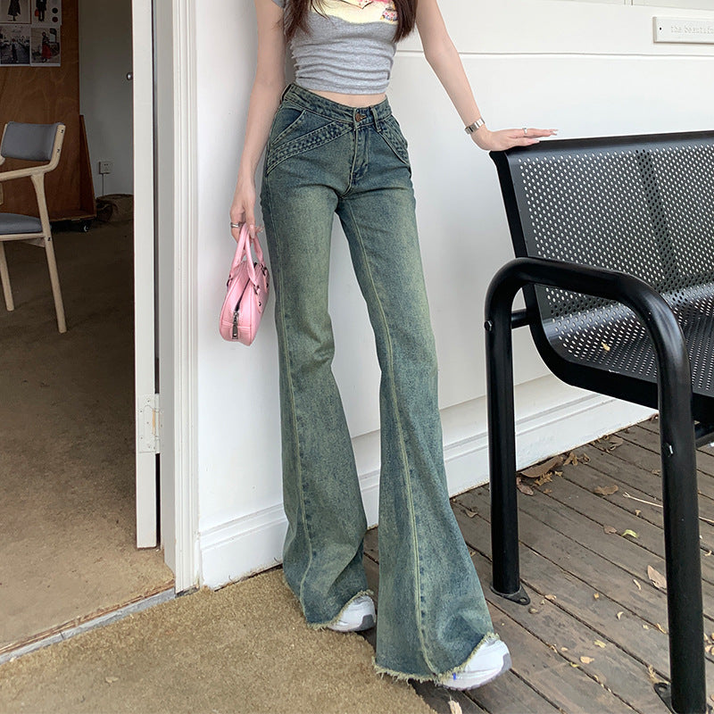 High-Waisted Micro-Cut Jeans Girl Spice Retro Raw Edge Design Sense Slim Loose Straight Tube Flared Floor Pants