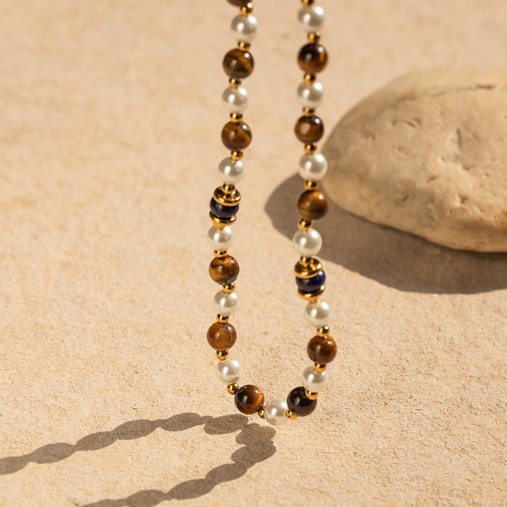 5pcs Titanium Steel Necklace 18K Gold Stainless Steel Inlaid Pearl Lapis Gold Stone Tiger Eye Stone Bead Necklace Jewelry