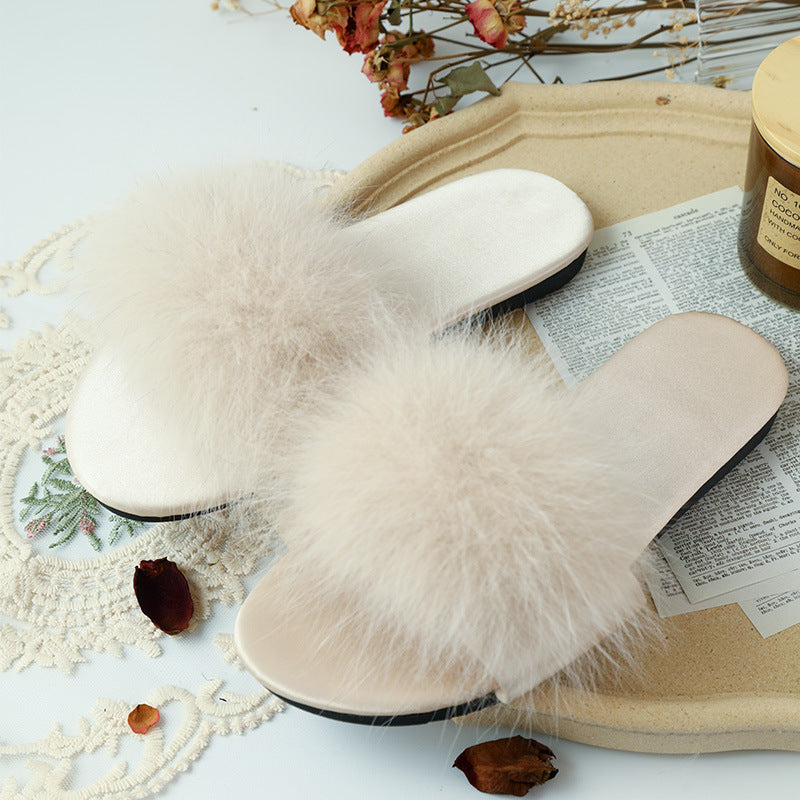 Wedding Bridesmaid Slippers Women's Satin Red Feather Plush Slippers Bride Morning Robe