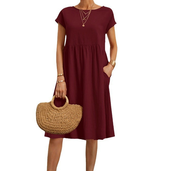 Fashion Ol Quality Women's Solid Color Cotton Linen Round Neck Set A-Line Skirt Dress