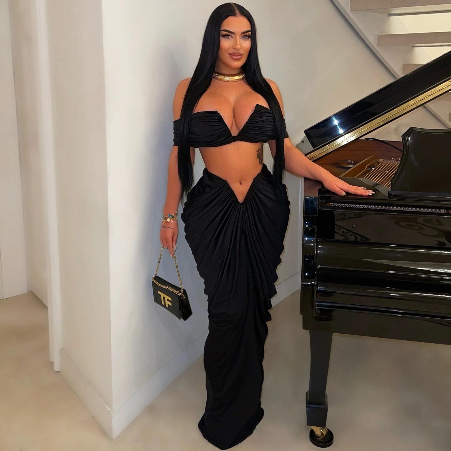 Sexy Sleeveless Top Stretch Tight Floor Length Pleated Skirt Two-Piece Set