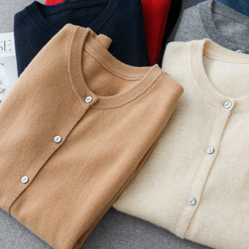 100 All-Wool Sweater Women's Knitted Crewneck Cardigan Casual Everyday Slimming Spring Cashmere