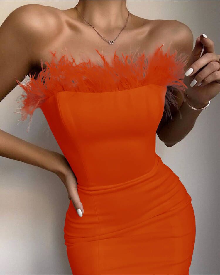 Fashion Bandage Feather Dress Stretch Slim-Fit Strapless Party Dress