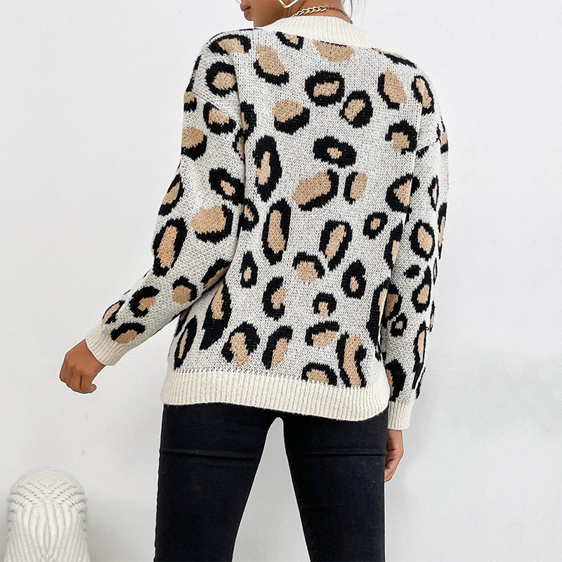 Stylish Leopard Print Knitted Pullover: Women's Autumn & Winter Fashion Sweater