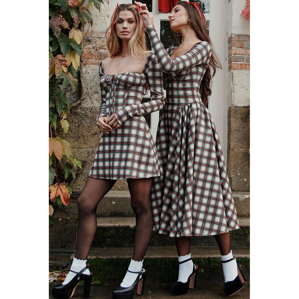 Plaid Slim-Fit Backless Dress Sexy Square Neck Midi Christmas Dress Holiday Dress