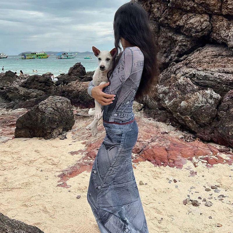 Artsy Vintage Wind Long Tight Skirt Blue Dye Tie Dye Vintage Dress Women's Long Skirt High Fanny Pack Hip Large Size Skirt