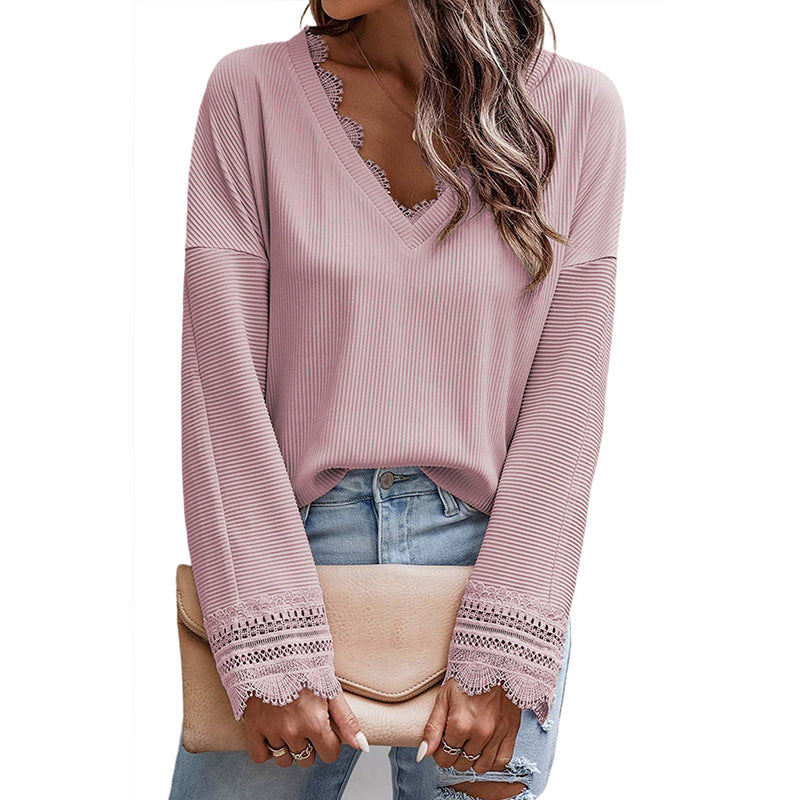 Thin Simple With A Solid Color Knitted Shirt Women Early Autumn New Lace Lace Edge V-Neck Long Sleeve Top Women