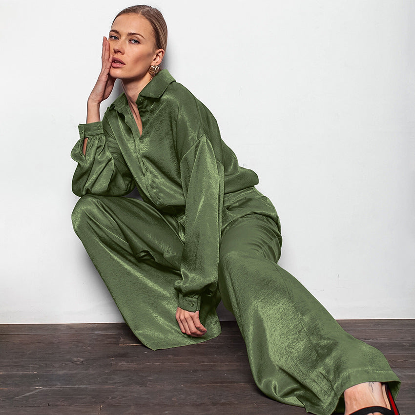 Green T-Lapel Puffy Sleeve Loose Casual Suit New Fall Fashion Two-Piece Set