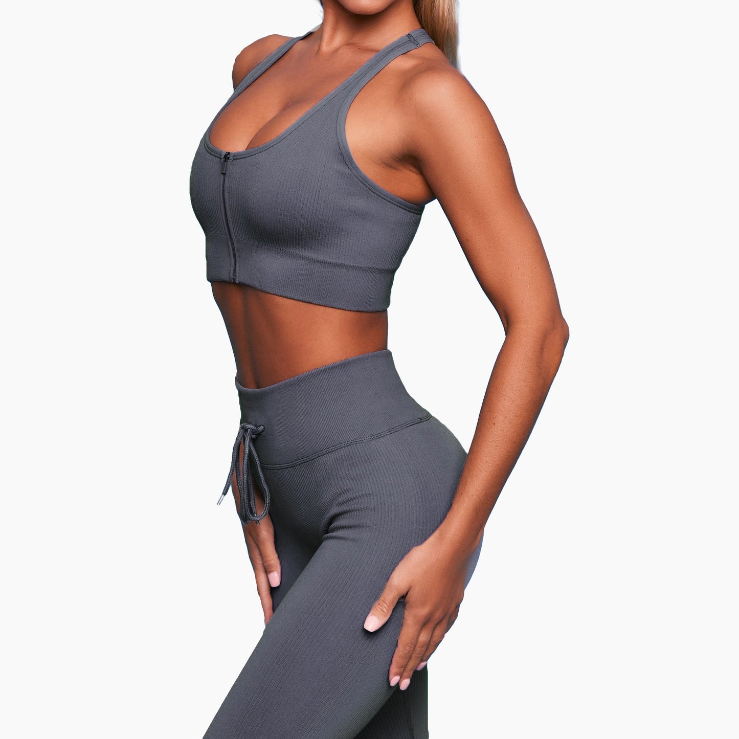 Zipper Bra High-Waisted Pants Fitness Set Running Fitness Vertical Stripe Yoga Wear