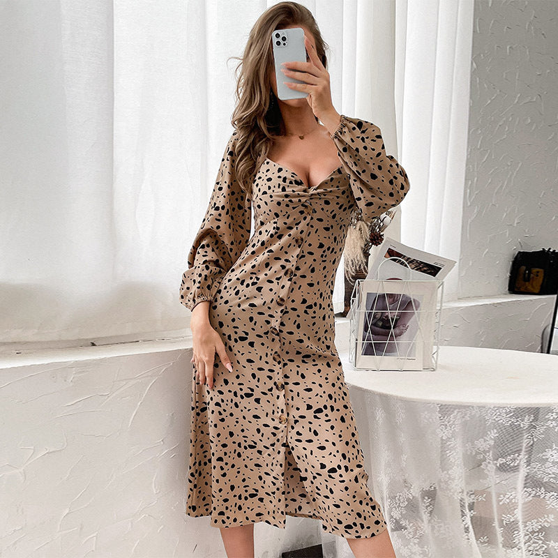 Women's New Spring New Leopard Print Long-Sleeved Dress In Long Style