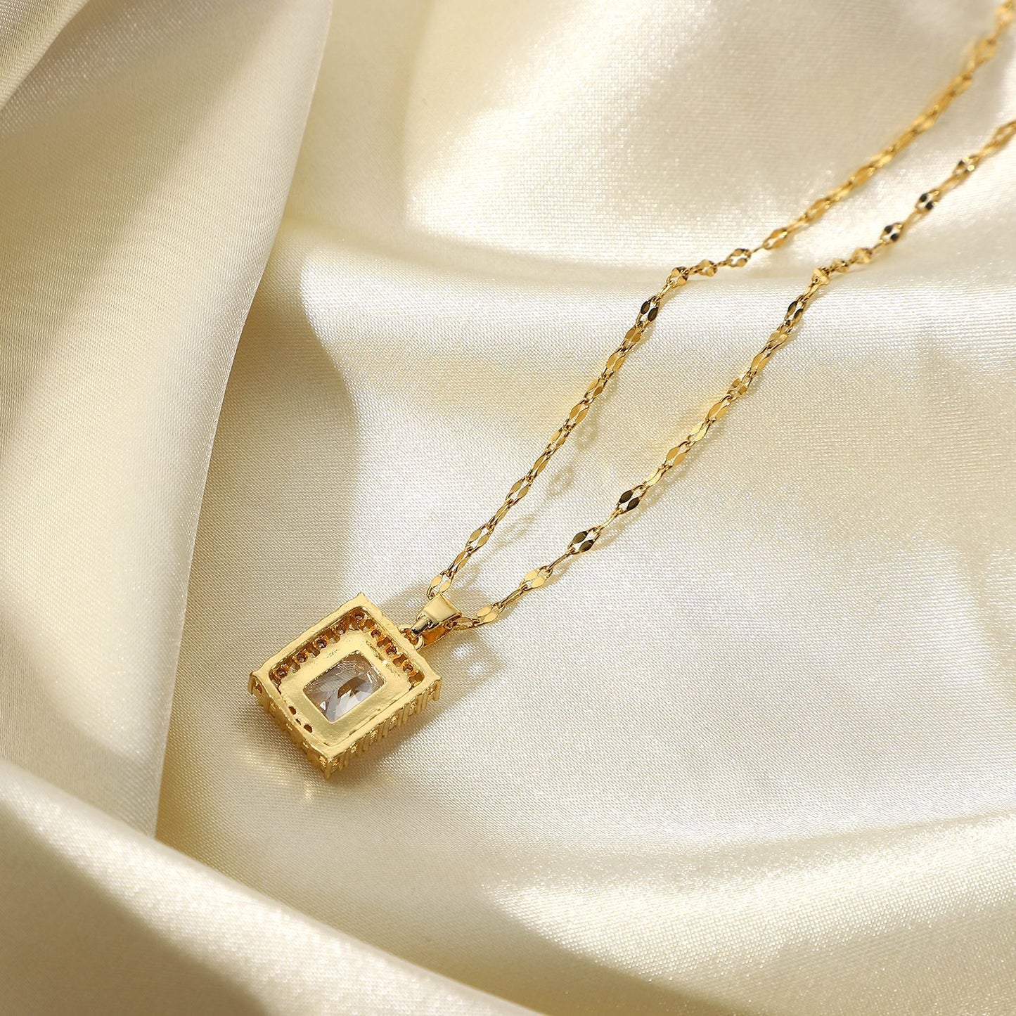 5pcs 18K Gold-Plated Stainless Steel Jewelry Hanging Square White Cubic Zircon Pendant Necklace For Women