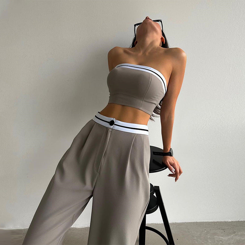 Women's New Spice Girls Wear Sports Vest With Chest Contrast Color High Waist Wide Leg Trousers Leisure Suit