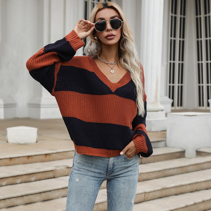 Fashion Women's Autumn Long Sleeve Color Matching Loose V-Neck Sweater To Wear