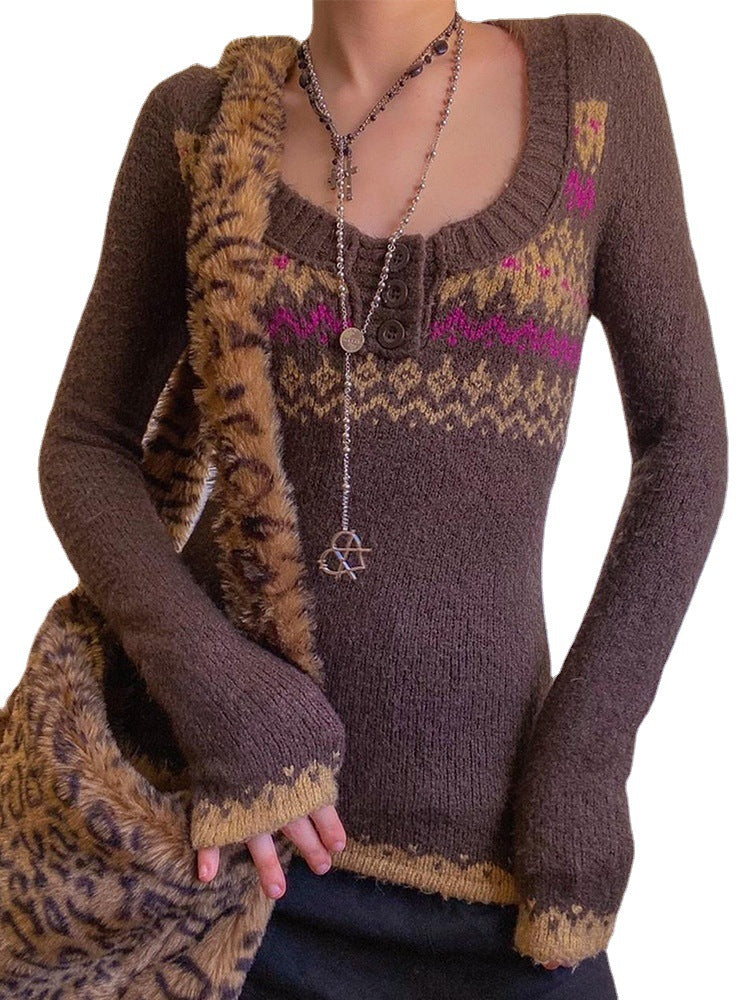 Women's Autumn And Winter New Slim-Fit Matching Color Crew-Neck Long-Sleeved Temperament Knit Sweater