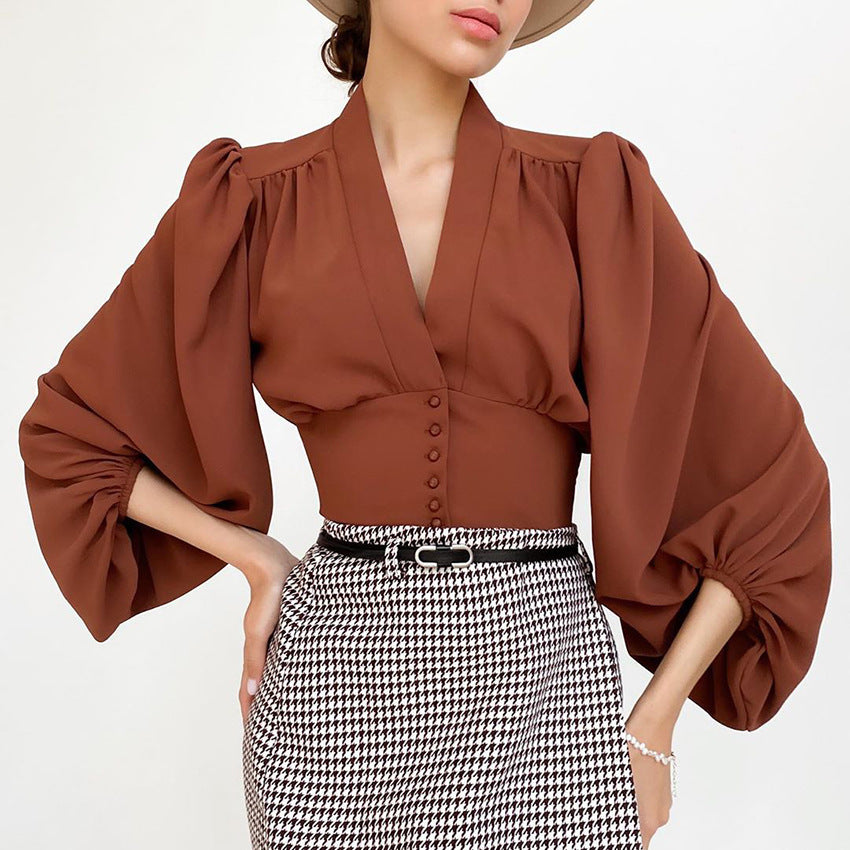Autumn New V-Neck Women's Shirt Court Style Lantern Sleeve Slim Long-Sleeved Shirt