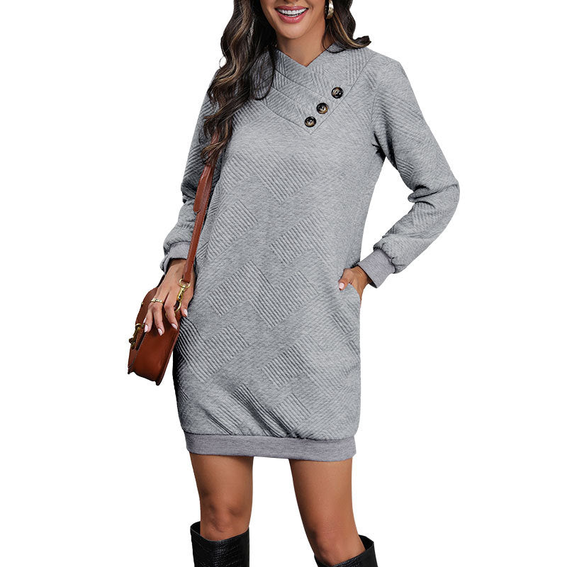 Autumn And Winter New Women's Long-Sleeved Round Neck Dress Fashion Pocket Button Knitting