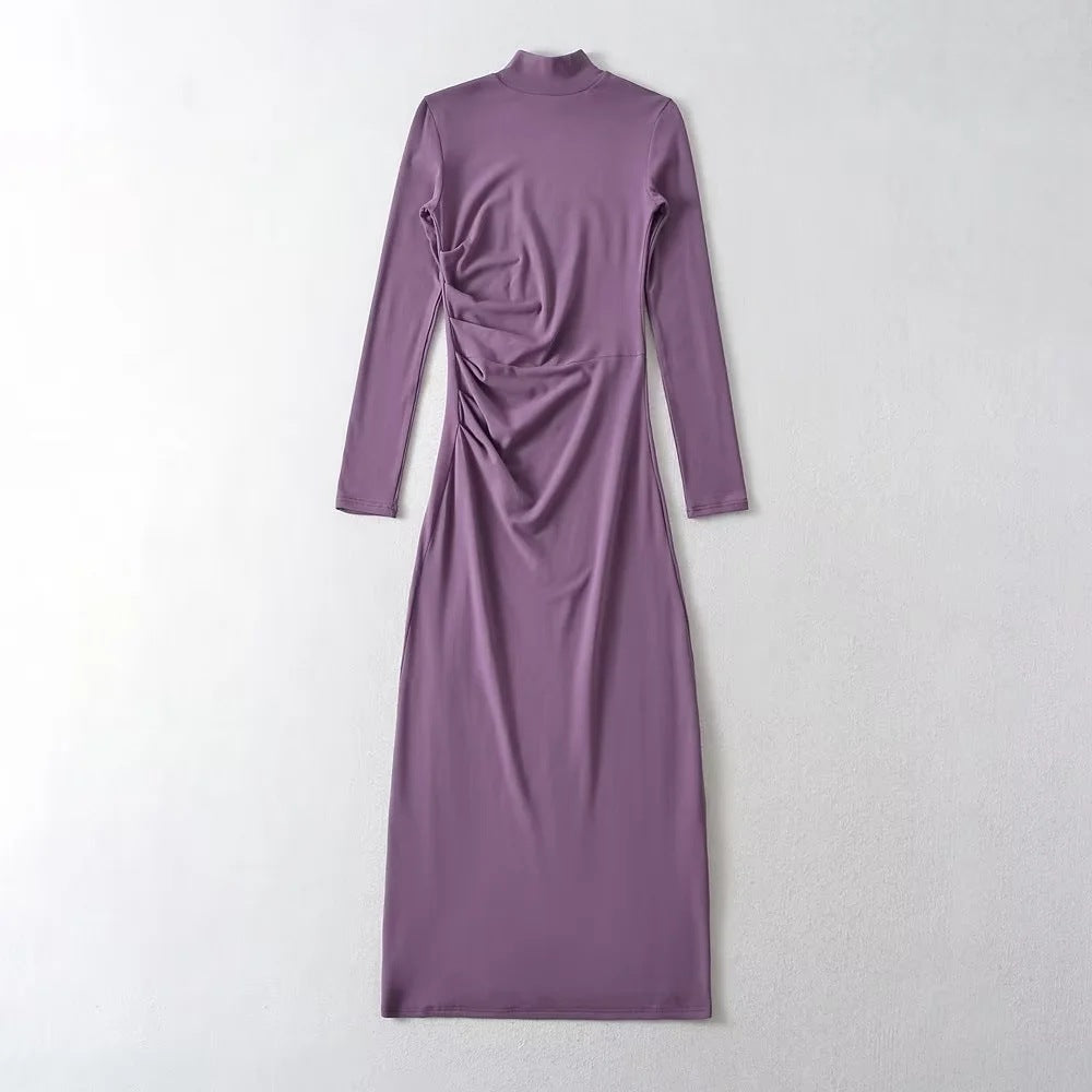 Female New Spring New Sexy Spice Girl Pure Wind Half High Neck Long Sleeve Pleated Dress