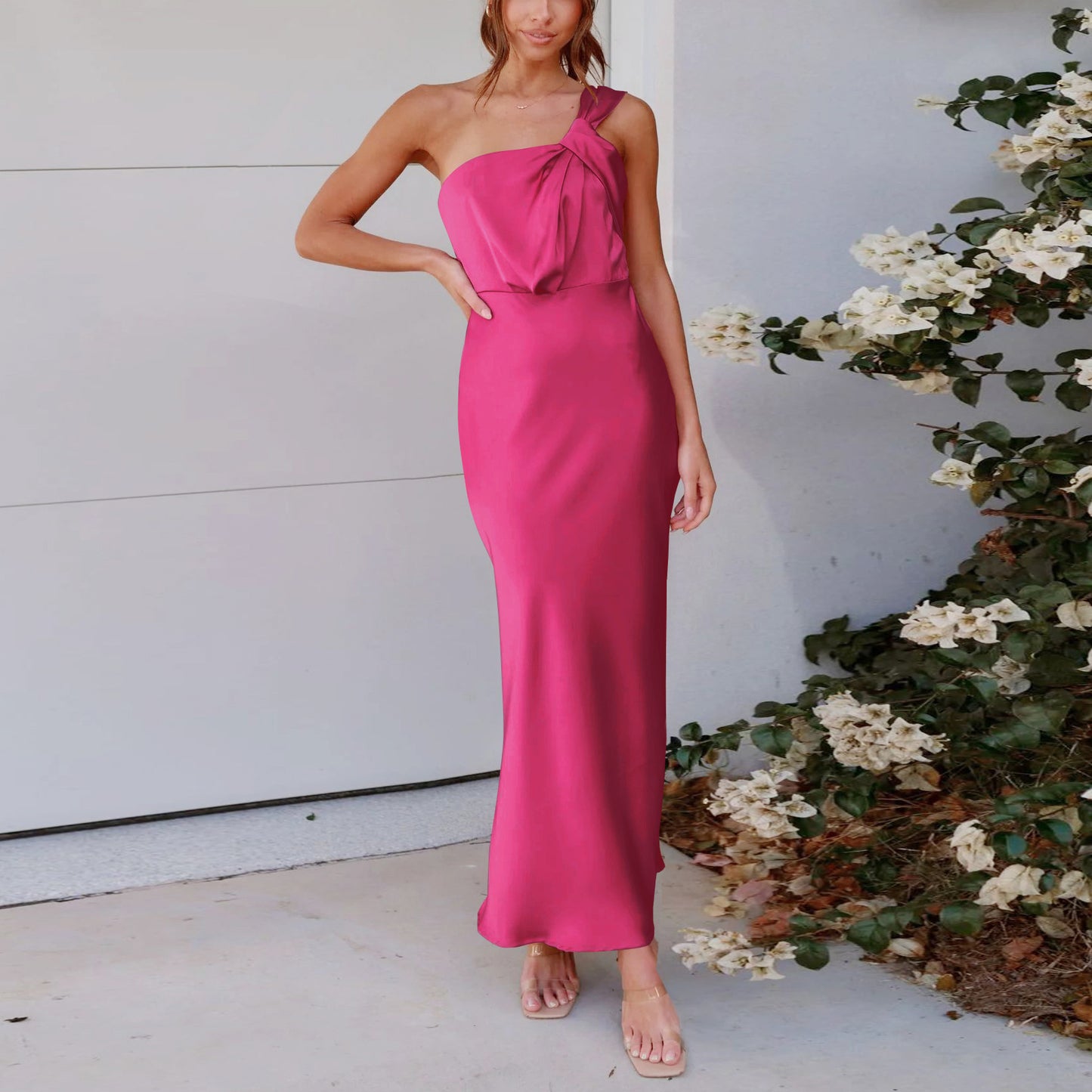 New Acetic Women's Elegant One-Shoulder Satin Toasting Dress Bridesmaid Dress Slim Dress