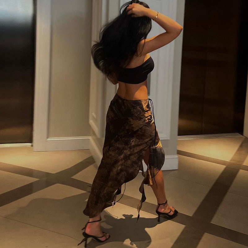 Holiday Style Vintage Print Ruffled Irregular Lace-Up Skirt Spice Girl Fashion Sexy Hip Lift Skirt
