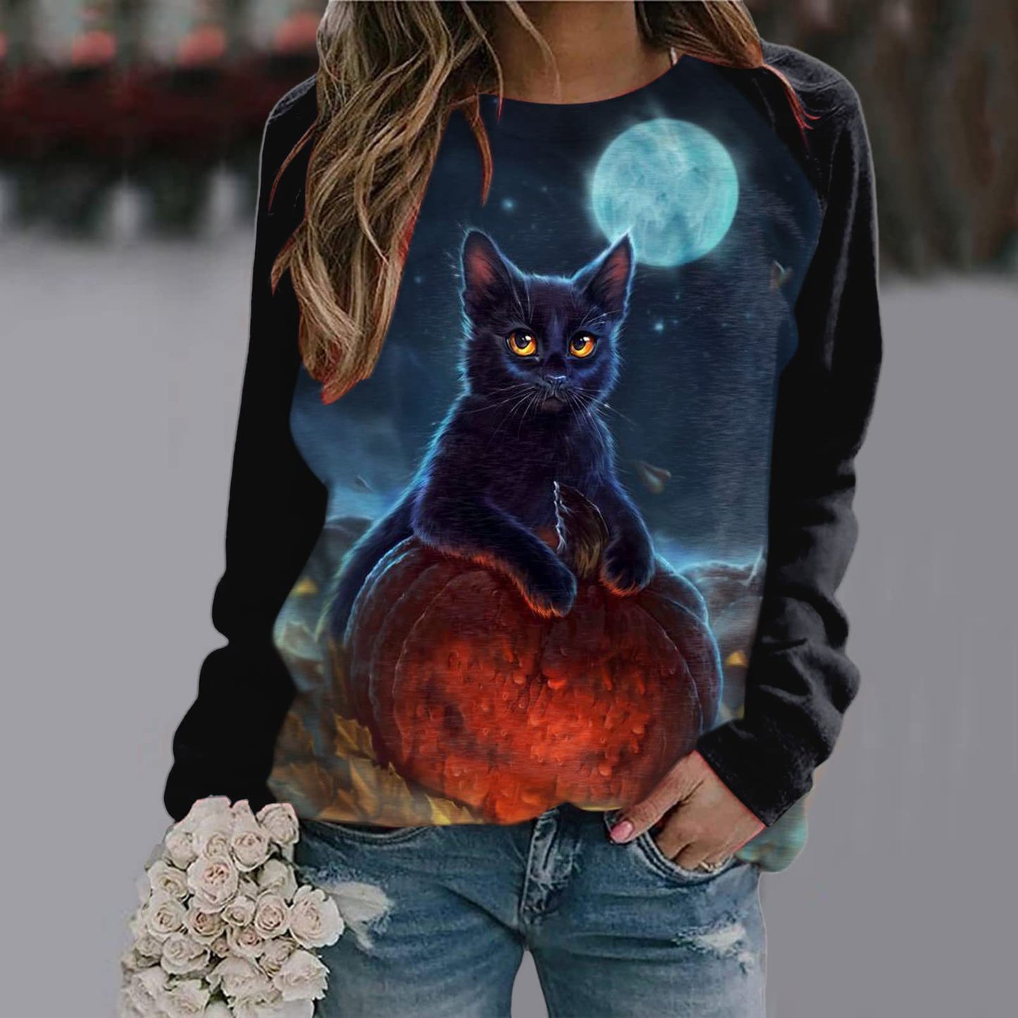New Women's Halloween Christmas Women's Clothing 3D Three-Dimensional Printed Castle Dark Round Neck Hoodie