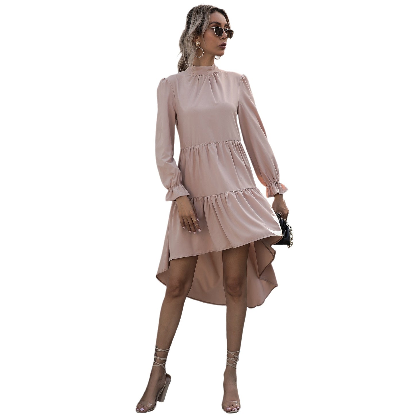 Selling Fashion Women's Solid Color Long-Sleeved Irregular Semi-High-Neck Dress