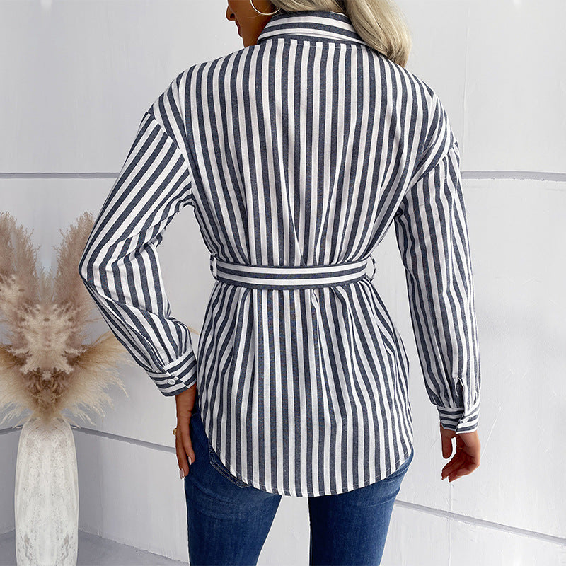 Autumn New Casual Women's Long-Sleeved V-Neck Mid-Long Striped Shirt