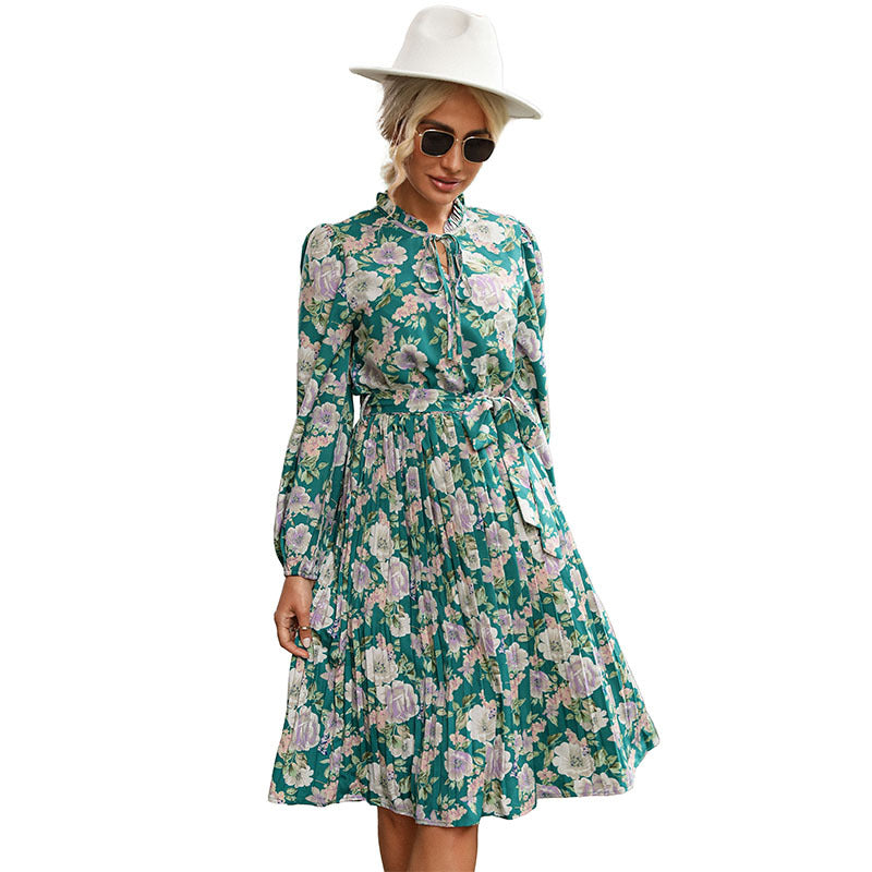 Style Women's Pleated Round Collar Printed Long-Sleeved Vintage Dress