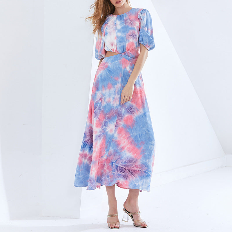 Fashion Spring New Fashion Temperament Sexy Waist-Contrasting Short-Sleeved Mid-Length Dress