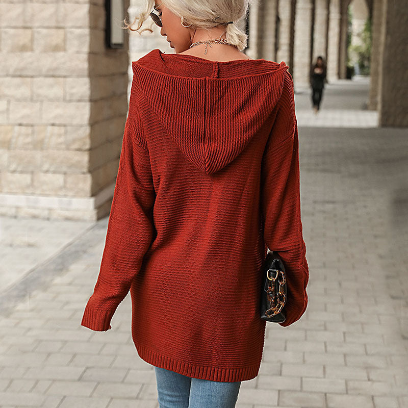 Chic Red Hooded Sweater Cardigan Coat