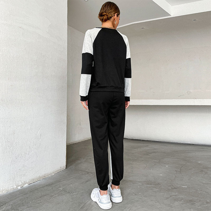 Casual Women's New Color Match Crew-Neck Hoodie Fashion Suit Female Two-Piece Set