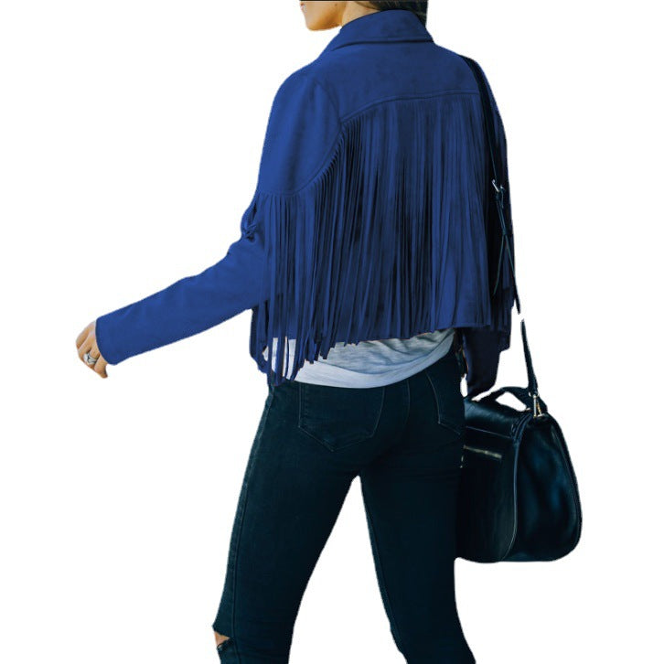 Women's Autumn New Slim-Fit Top Long-Sleeve Printed Fringe Coat Female