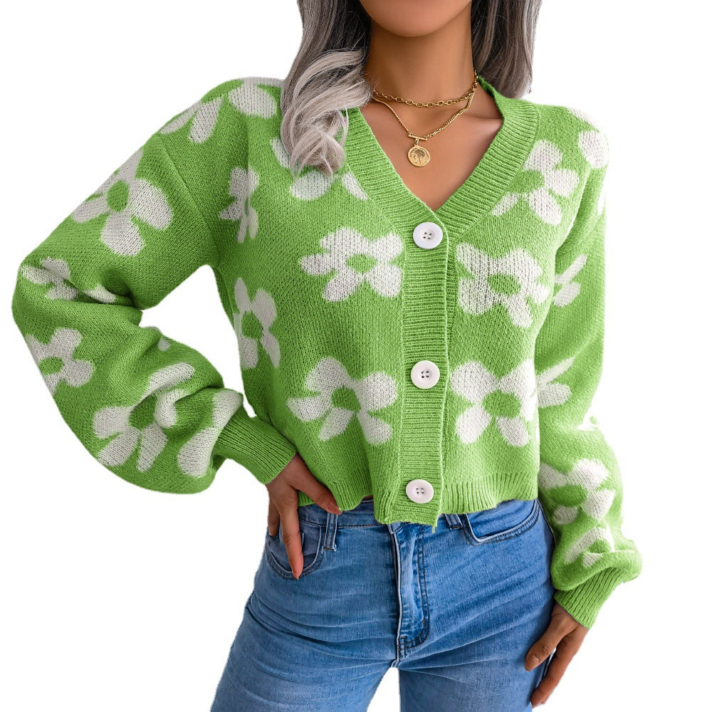 Wind Autumn And Winter Fashion Color Contrast Flowers Lantern Sleeve Cardigan Sweater Coat Women's Wear