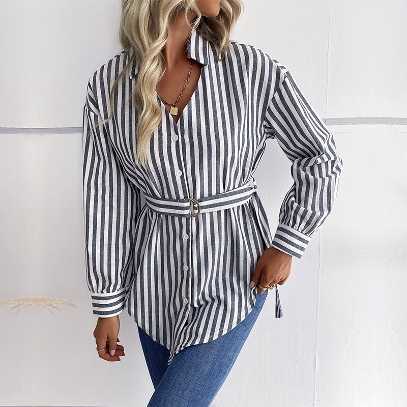 Autumn New Casual Women's Long-Sleeved V-Neck Mid-Long Striped Shirt