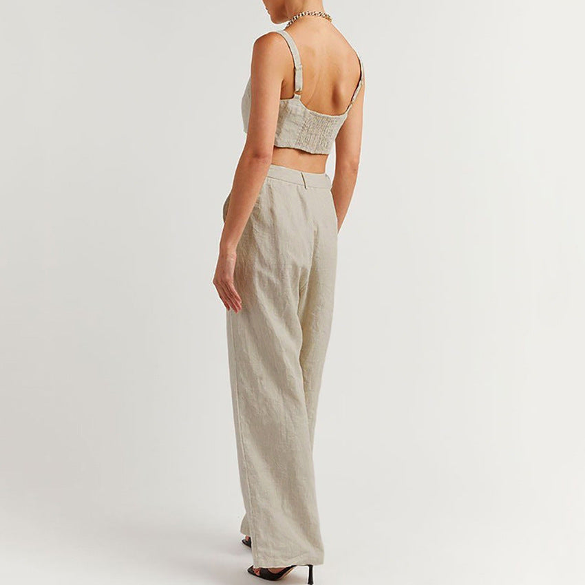 Cotton Hemp Women's Summer Halter Vest Wide Leg Pants Two-Piece Crop Loose Casual Fashion Suit