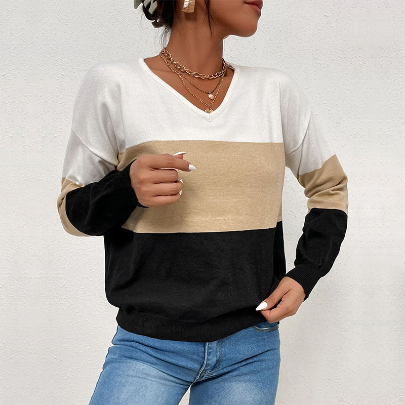 Autumn Winter Loose Casual V-Neck Top Color Long-Sleeved Sweater Women