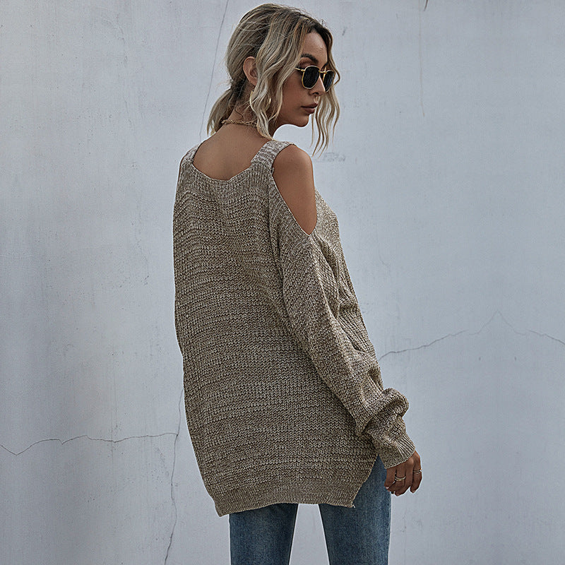 Autumn Solid Color Knitted Square Neck Off-Shoulder Bottom Sweater Women Long Sleeves In Autumn Women's