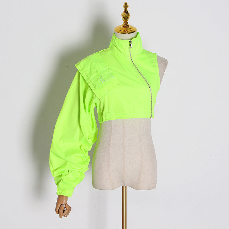 Spring New Fashion Temperament Stand Collar Sexy Off-The-Shoulder Single Sleeve Short Zipper Coat