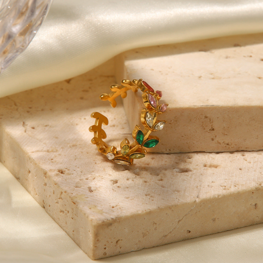 5pcs 18K Gold-Plated Zircon Leaf Opening Ring Women's Fashion All-Match Titanium Steel Ring