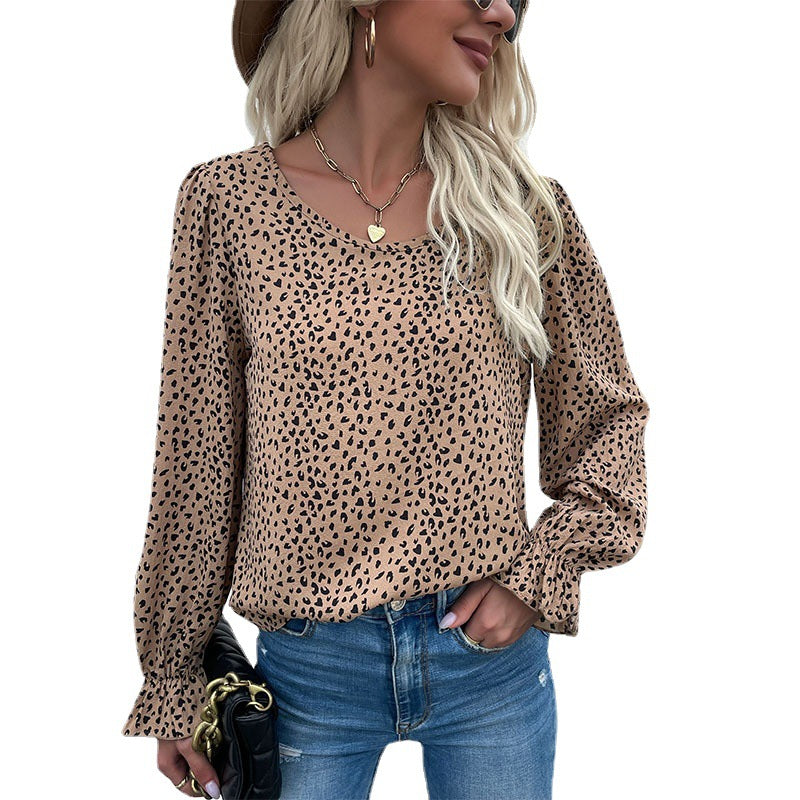 New Retro Women's Long-Sleeved Slim-Fit Round Neck Leopard Print Blue Shirt