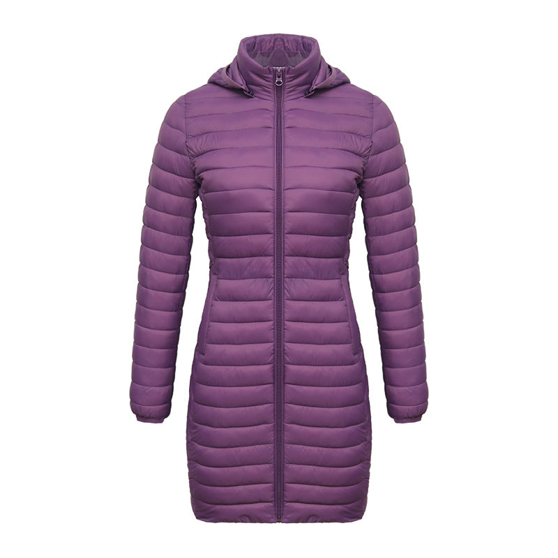 Women's Fall/Winter Lightweight Mid-Length Slim-Fit Cotton-Padded Jacket Removable Hooded Casual Commuter Coat