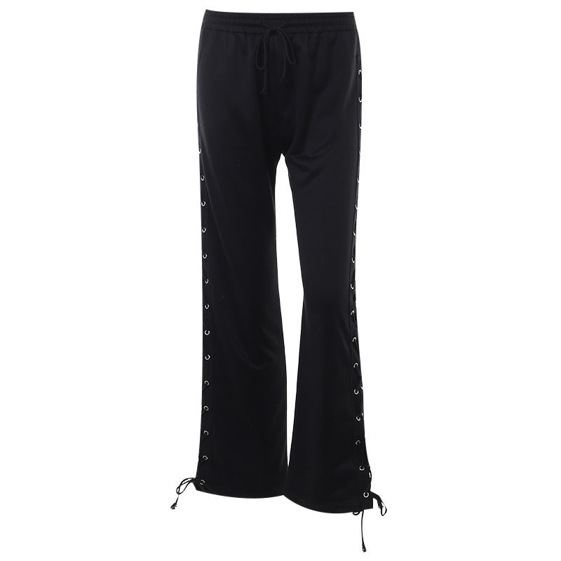 Summer Style Street All Slim Side Slit Lacing With Hollow-Out Wide-Leg Pants Women